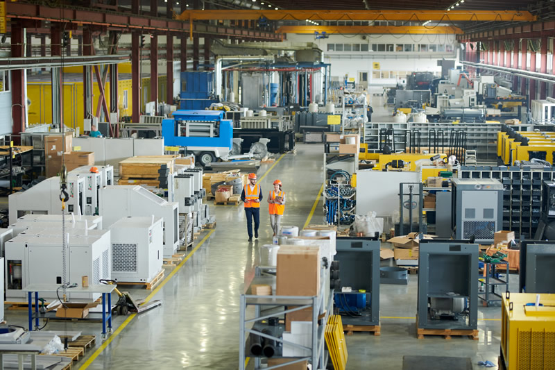 Top view of modern operational plant producing fiberglass heavy industry machinery metalworking workshop concept.