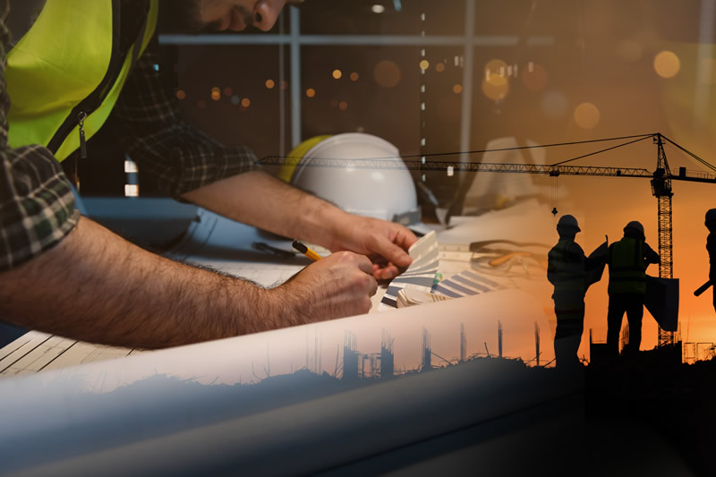 Civil Engineer Jobs, Double exposure of Project Management Team and Construction Site with tower crane background, Engineer Designer Consultant and Architecture Team concept.